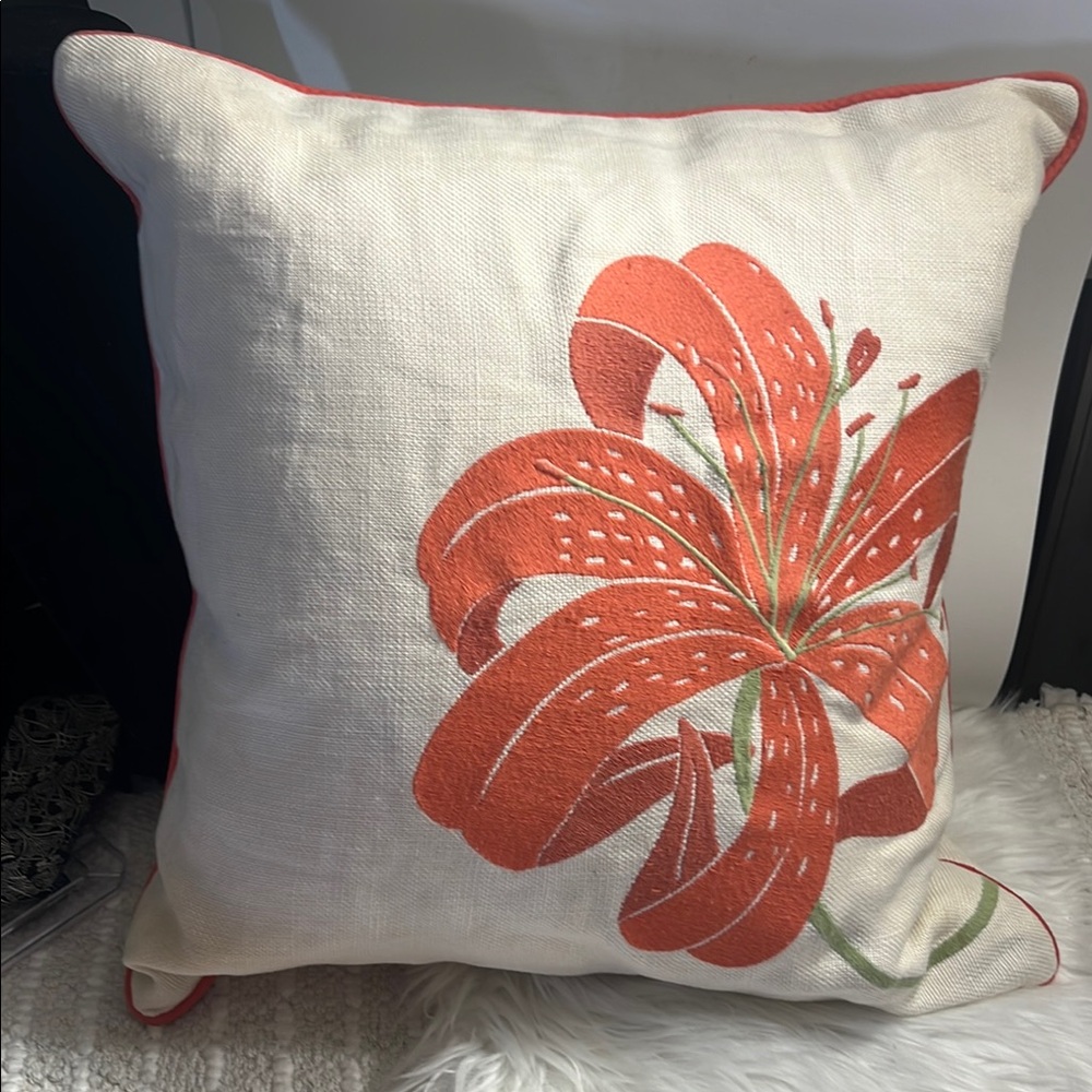 lulu dk matouk pillow Floral Accent with Orange Lily Design Size 20” X 20”